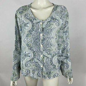 Flax Linen Blouse Top Paisley Button Up Long‎ Sleeve Shirt Scoop Neck Women